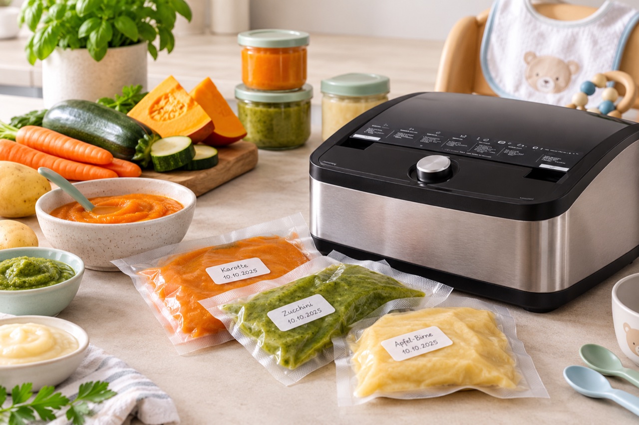 Selbst gemachter Babybrei portionsweise in beschrifteten Vakuumbeuteln neben einem Vakuumiergerät Selbst gemachter Babybrei portionsweise in beschrifteten Vakuumbeuteln neben einem Vakuumiergerät