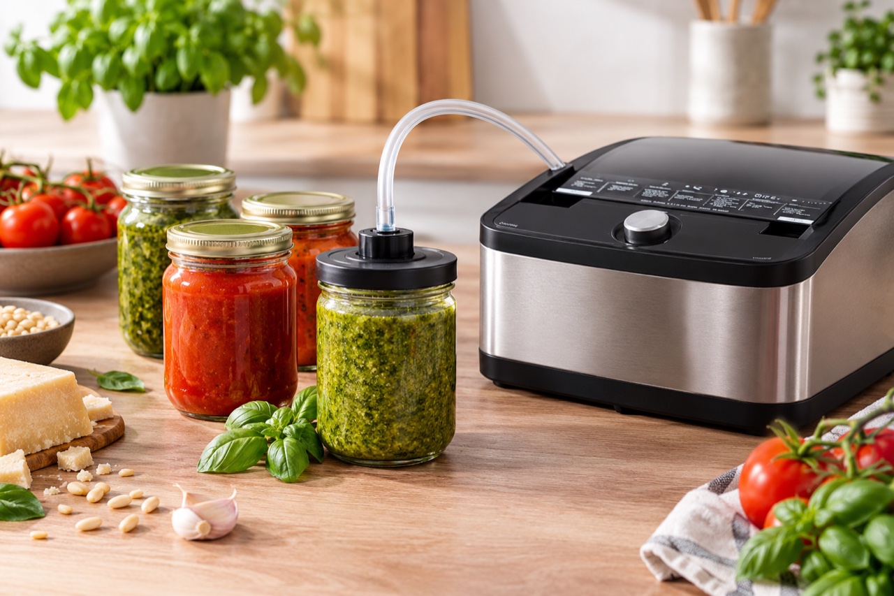 Homemade pesto and tomato sauce in jars being vacuum sealed with a Planeta vacuum sealer Homemade pesto and tomato sauce in jars being vacuum sealed with a Planeta vacuum sealer