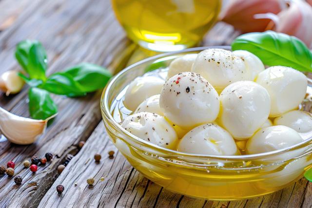 Mozzarella aromatisieren mit Vakuum: Kräuter, Zitrone und Olivenöl